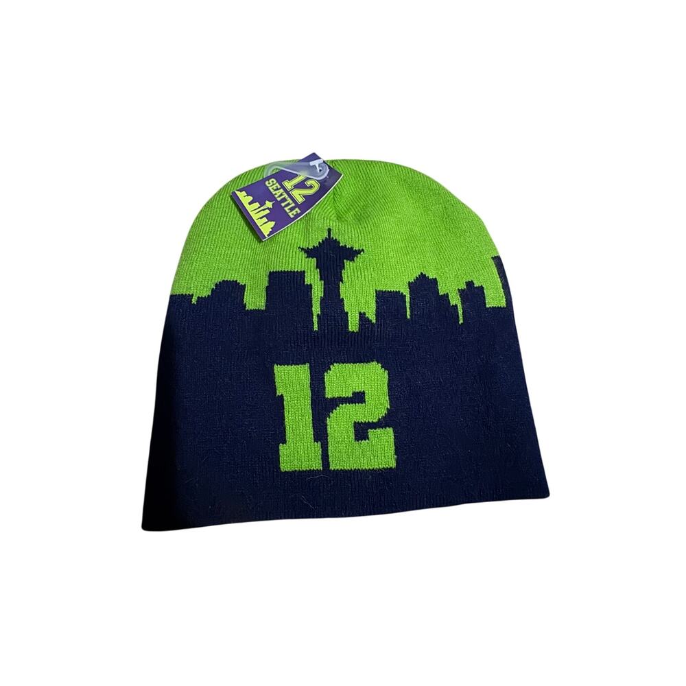 Seattle "12" Skyline Knit Beanie | Seahawks Fan Gear | Navy & Neon Green | NWT